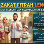 Sebuah keluarga Muslim-ayah, ibu, anak perempuan, dan anak laki-laki-bersenyum di depan pusat pengumpulan zakat. Gambar ini menampilkan tulisan berwarna-warni yang menjelaskan niat zakat fitrah untuk diri sendiri dan keluarga dalam bahasa Indonesia, Arab, dan Latin.